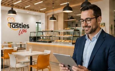 Profesional dentro de una cafetería escolar Tasties Uni